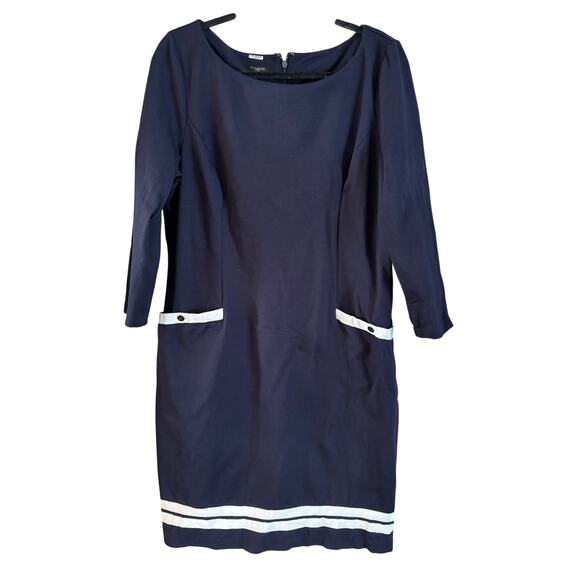 Talbots Shift Dress Navy Blue Nautical Ribbon 3/4 Sleeves Pockets Size 16P - Picture 1 of 8